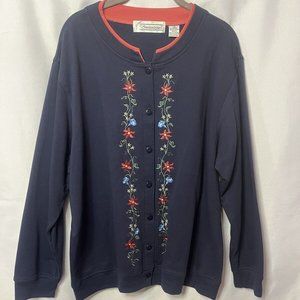 Extra Shenanigans Womens Sweater Blue 1X Cardigan Floral Embroidered collar